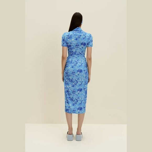 Stretchy Jersey Shirt Midi Dress - Ruched Bodycon Pool Water Print Summer Beach - Picture 3 of 15